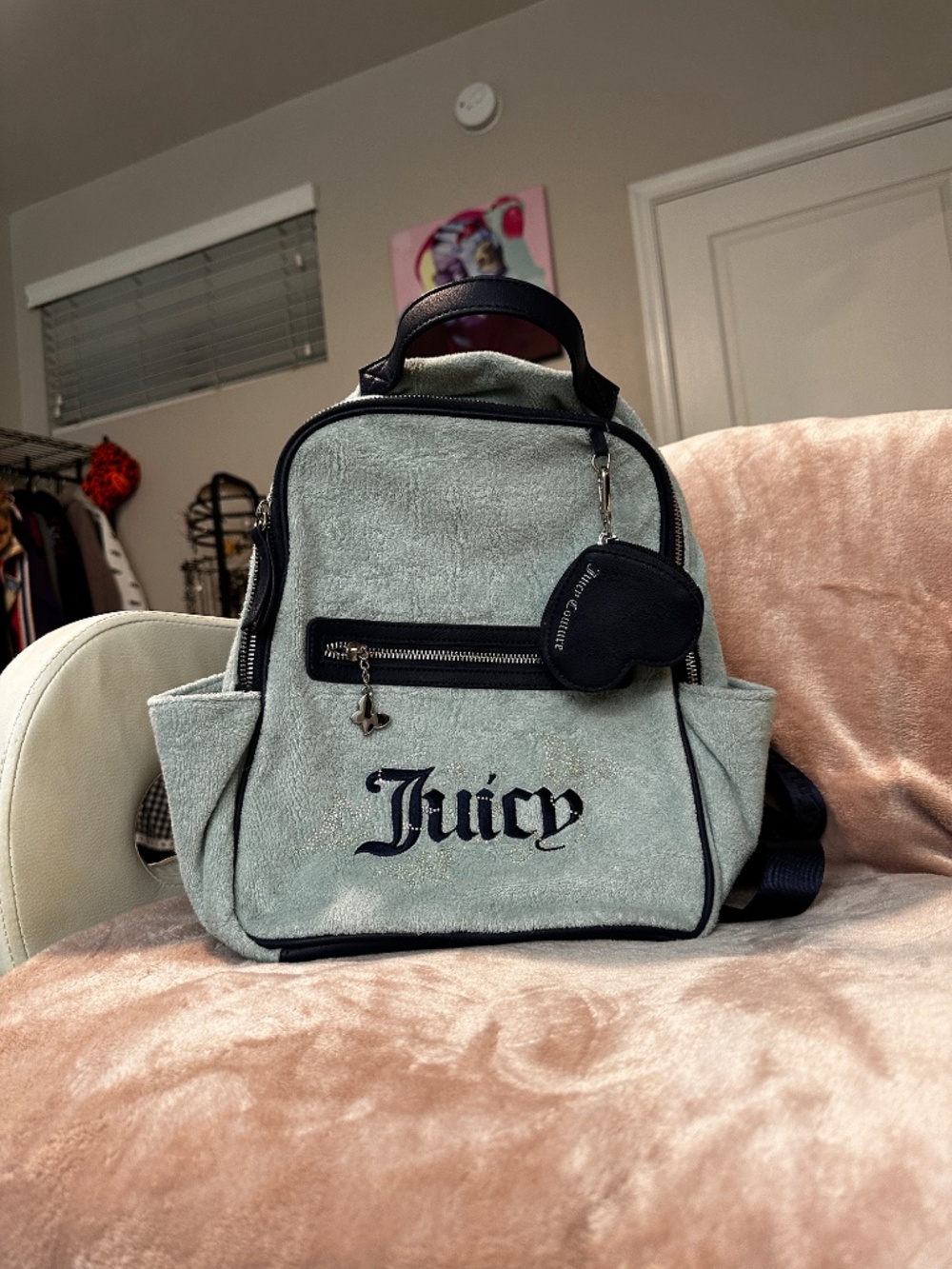 Juicy Couture Sage Green Terry Backpack with Navy Trim